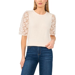 image:imageVince Camuto Womens 34 Lace Sleeve Crew Neck SweaterIvory Mist