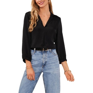 image:imageVince Camuto Womens 34 Sleeve Collared Shirred BlouseRich Black