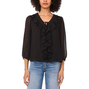 image:imageVince Camuto Womens 34 Sleeve Double Ruffle Tie Neck BlouseRich Black