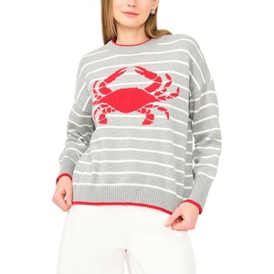image:imageVince Camuto Womens Crab Motif Striped Crew Neck Long Sleeve SweaterLight Heather Grey