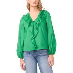 image:imageVince Camuto Womens Double Ruffle Front VNeck Long Sleeve BlouseField Green