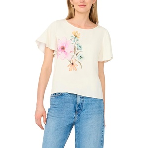 image:imageVince Camuto Womens Floral Print Short Sleeve BlouseAntique White