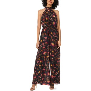 image:imageVince Camuto Womens Floral Print Sleeveless Halter Neck Smocked Waist JumpsuitRich Black