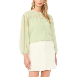 image:imageVince Camuto Womens Half Placket Shirred Yoke BlouseLily Green