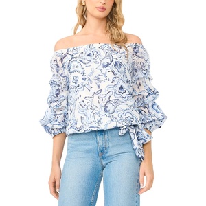 image:imageVince Camuto Womens Off the Shoulder Paisley Bubble Sleeve BlouseFrosting Blue
