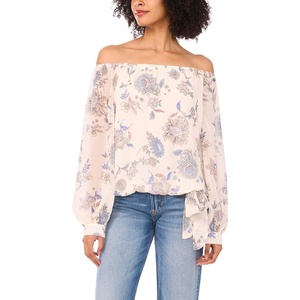 image:imageVince Camuto Womens Paisley Off the Shoulder Long Sleeve Tie Waist Blouse138 Vanilla Ice