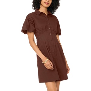 image:imageVince Camuto Womens Short Puff Sleeve Collared Button Down Mini Shirt DressMocha