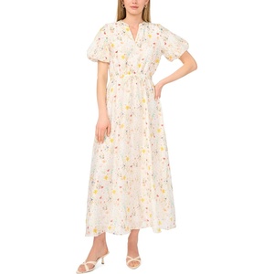 image:imageVince Camuto Womens Tie Waist Split Neck Short Sleeve Maxi DressUltra White