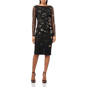 image:imageVince Camuto Womens Long Sleeve Sequin Mesh Side Ruched Bodycon DressBlack Gold