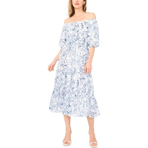 image:imageVince Camuto Womens Off the Shoulder Puff Sleeve Smocked Waist Midi DressFrosting Blue