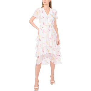 image:imageVince Camuto Womens Short Sleeve Four Tier Layered VNeck Midi DressLemon Cream