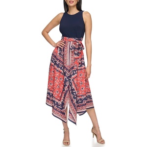 image:imageVince Camuto Womens Sleeveless High Neck Tie Waist Handkerchief Midi DressPersimmon