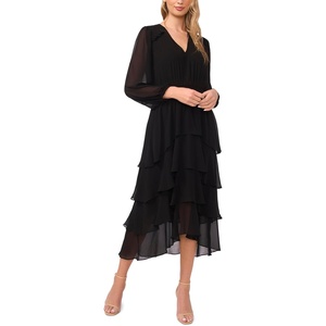 image:imageVince Camuto Womens Tiered Ruffle VNeck Long Sleeve Smocked Waist Midi DressRich Black