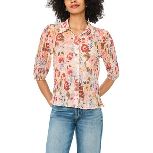 image:imageVince Camuto Womens Floral Short Sleeve Puff Sleeve Collar Buttondown TopSand Drift